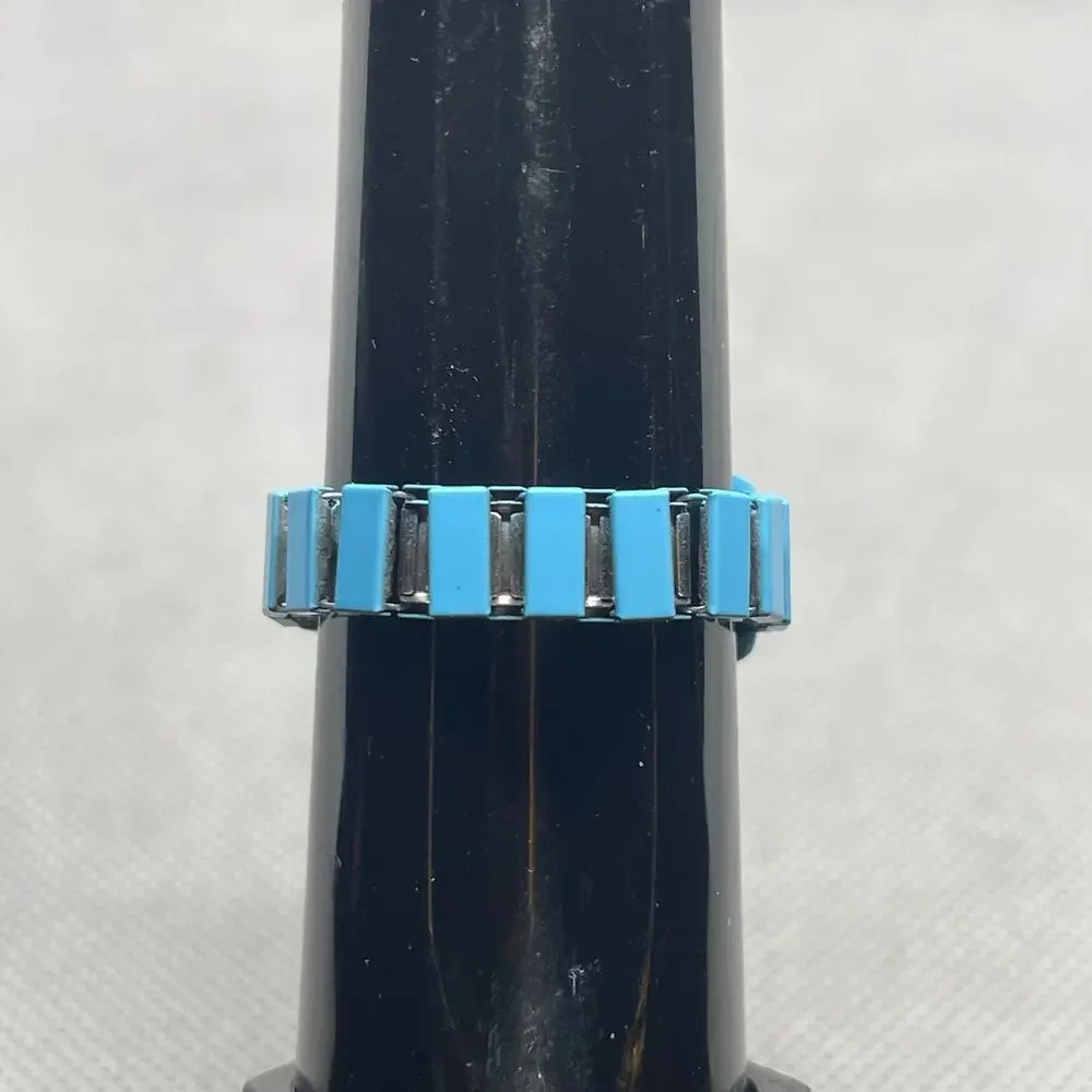 Retro Blue Enameled Stainless Steel Stretch Band Ring Watch With Rhinestones